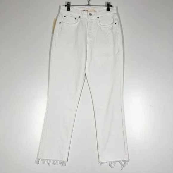 GRLFRND Karolina High Rise Straight Crop Jeans‎ White Frayed Hem Denim Sz 26 NEW - Picture 2 of 12